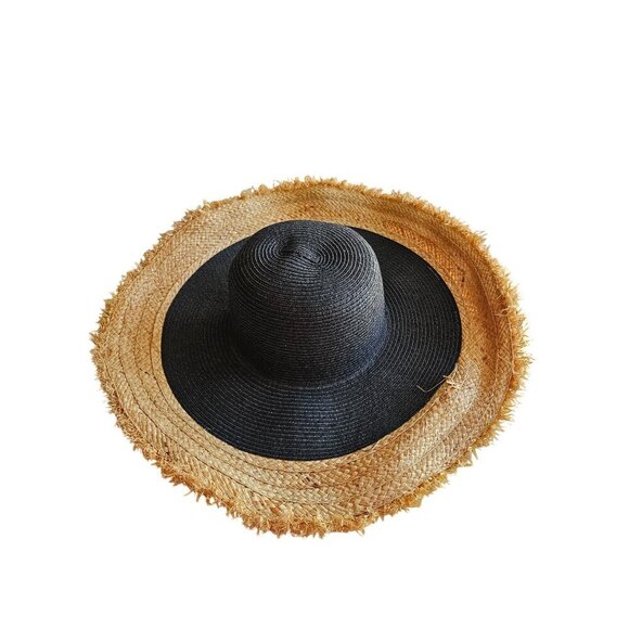BCBGMAXAZRIA Black & Natural Frayed Brim Sun Hat 80% Paper 20% Raffia Womens - Picture 5 of 7